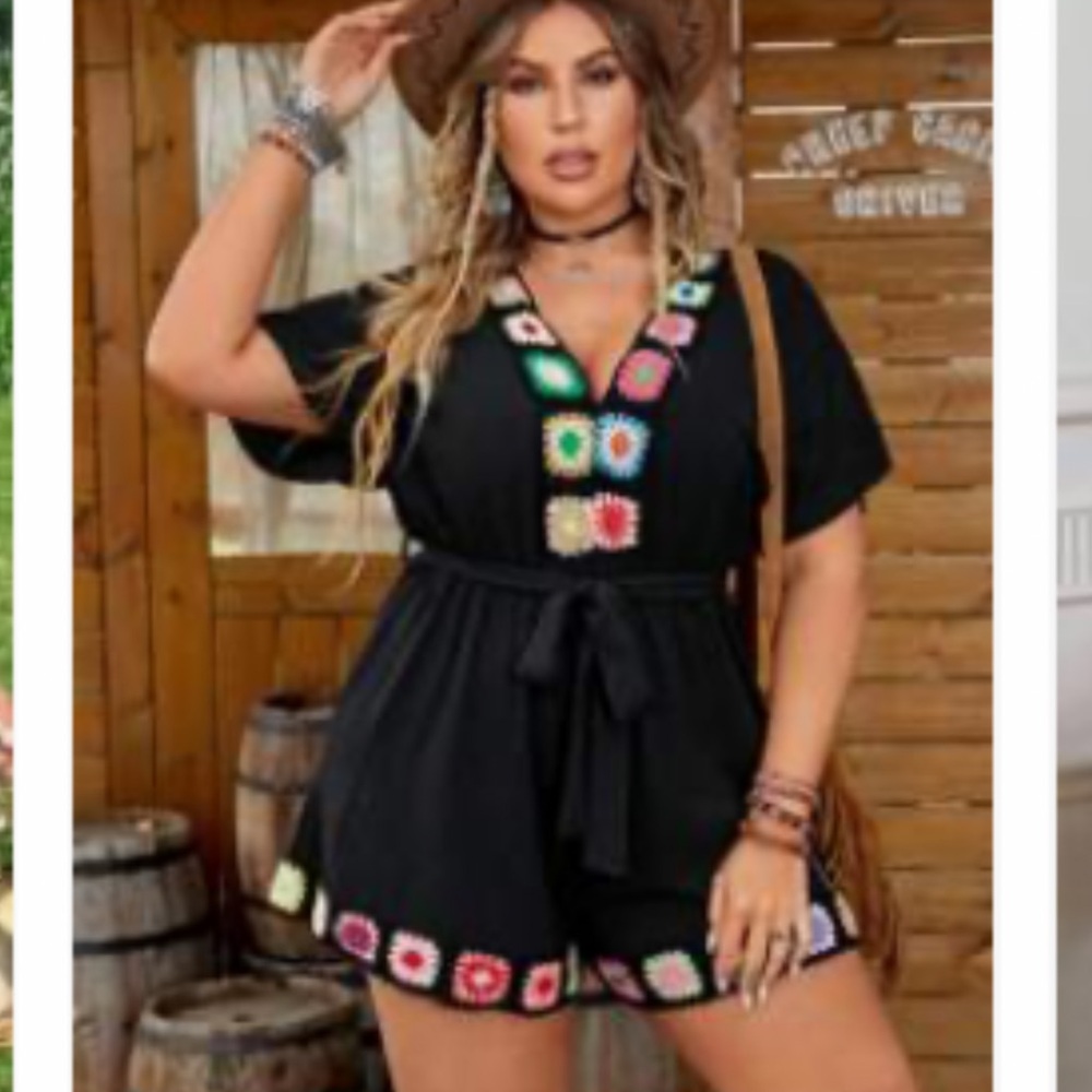 SHEIN Black Romper with Colorful Crochet Accents
